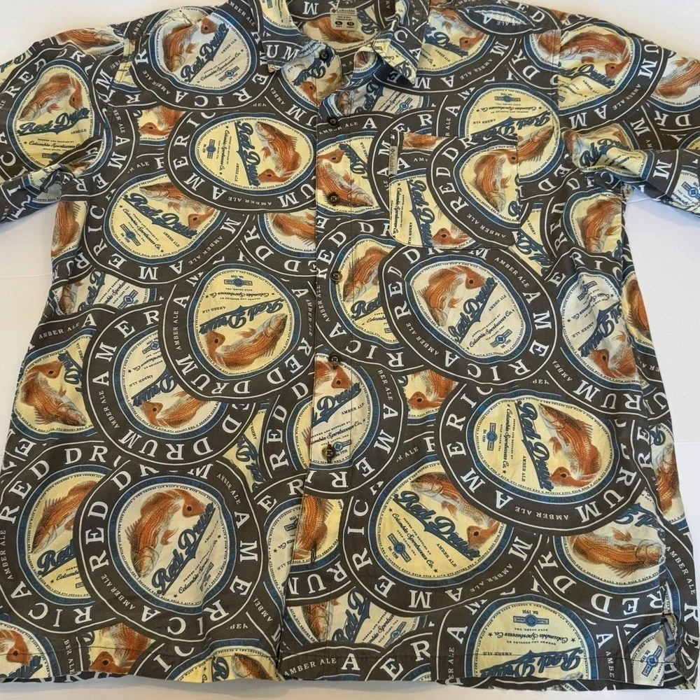 Columbia Shirt Men's XL American Red Drum Fish All Over River Lodge Amber Ale